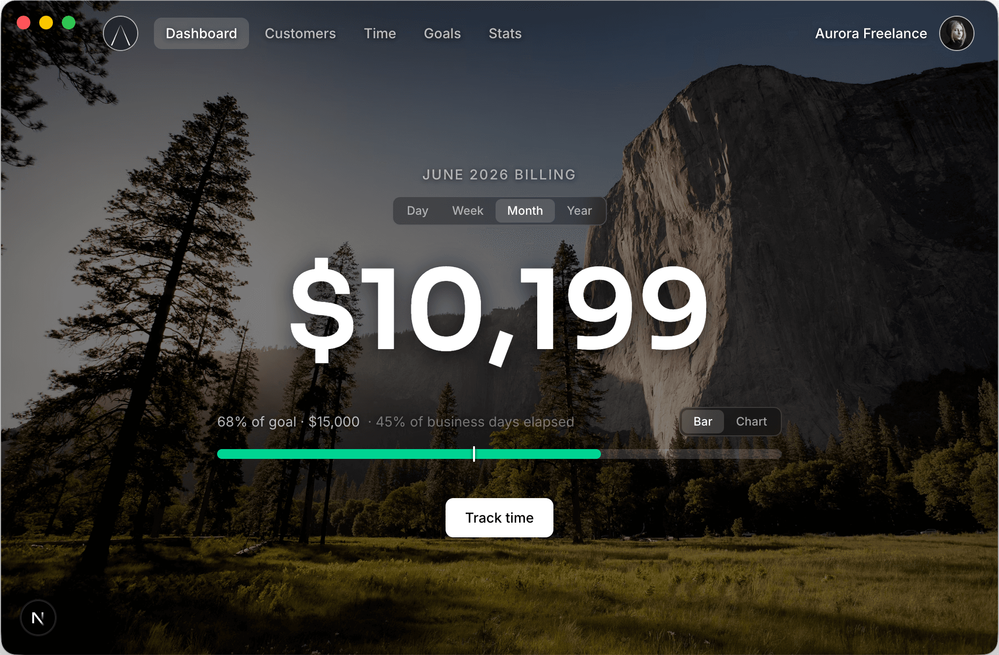 The Focus dashboard showing this month's billing and goal progress